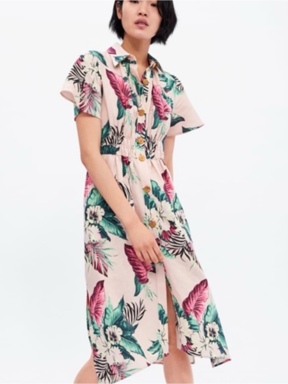 Zara Tropical Leaf Floral Print Midi Shirt Dress | Linen Blend | Size Small